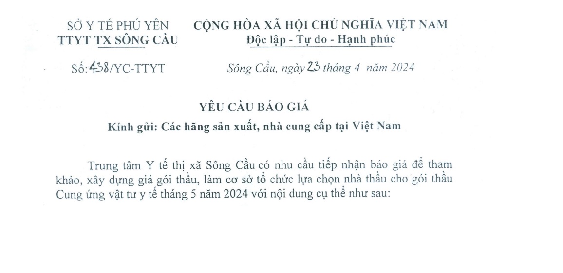 Yêu cầu báo giá gói thầu Cung ứng vật tư y tế tháng 5 năm 2024